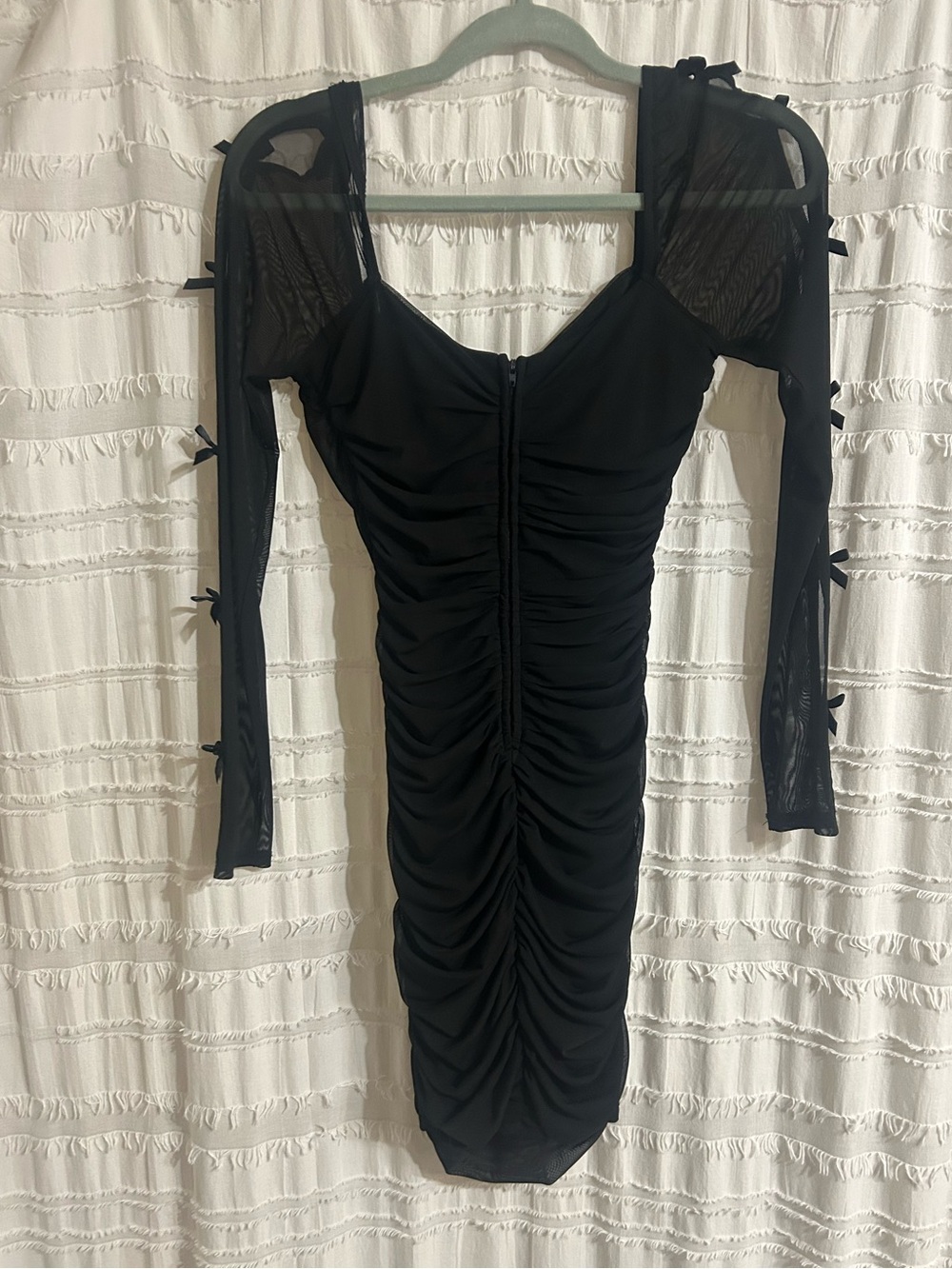 Black Ruched Mesh-Sleeve Women’s Dress